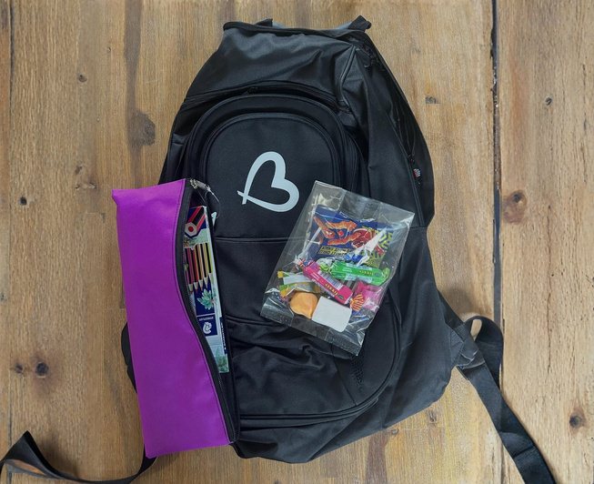 A new school backpack packed with stationery and treats